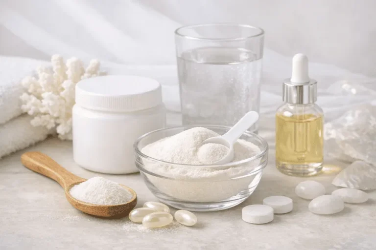 Colagénio hidrolisado em várias formas numa imagem em tons brancos, com colher de pau com pó, frasco com pó branco, óleo em frasco e comprimidos e cápsulas.