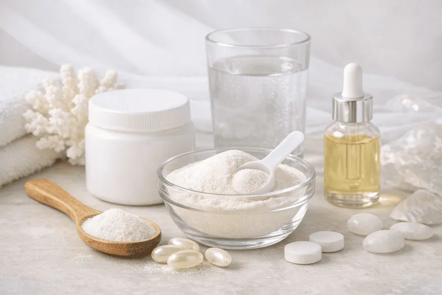 Colagénio hidrolisado em várias formas numa imagem em tons brancos, com colher de pau com pó, frasco com pó branco, óleo em frasco e comprimidos e cápsulas.